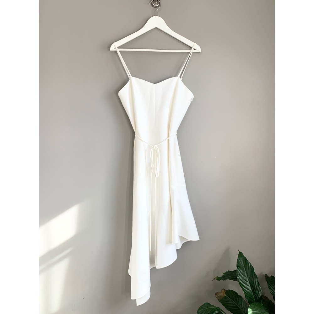 milly asymmetrical dress NEW Asymmetric Ruffle Strap occasion:picnic Stretch Floral Belted Midi Color:ivory (photo color) Exclusively ours